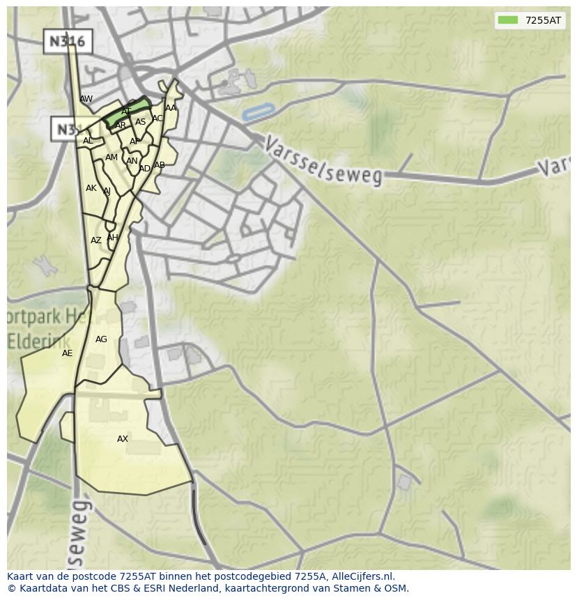 Afbeelding van het postcodegebied 7255 AT op de kaart.
