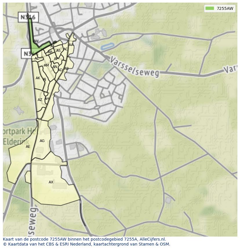 Afbeelding van het postcodegebied 7255 AW op de kaart.