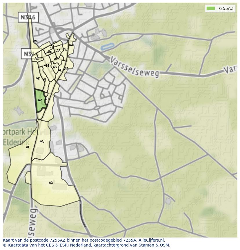 Afbeelding van het postcodegebied 7255 AZ op de kaart.