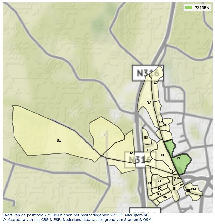 Afbeelding van het postcodegebied 7255 BN op de kaart.