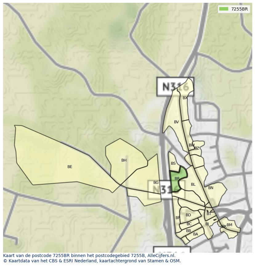 Afbeelding van het postcodegebied 7255 BR op de kaart.