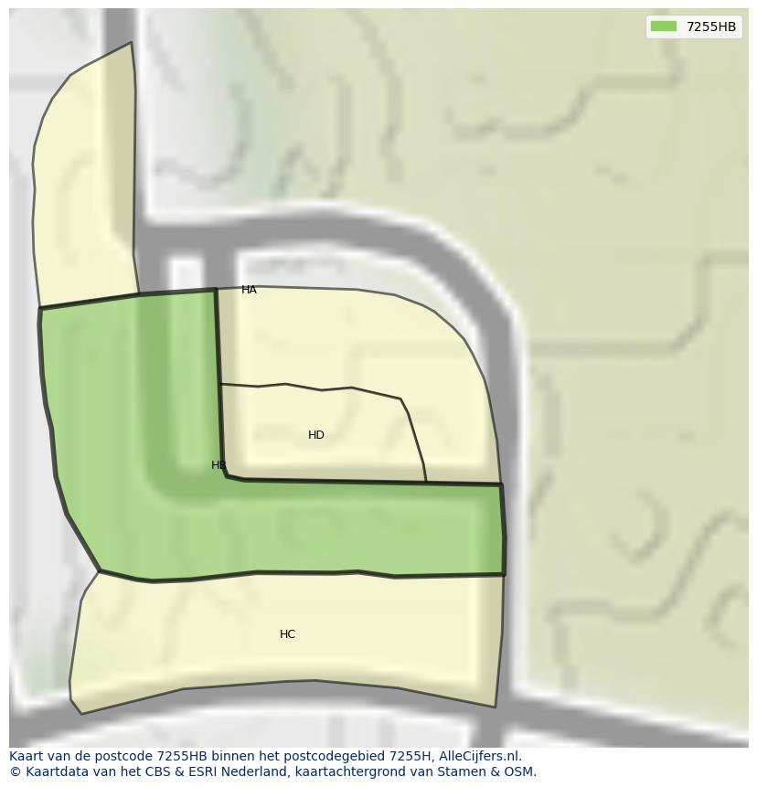 Afbeelding van het postcodegebied 7255 HB op de kaart.