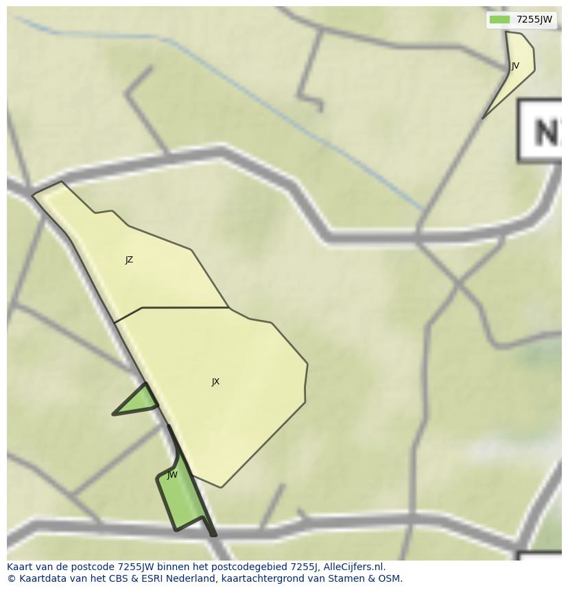 Afbeelding van het postcodegebied 7255 JW op de kaart.