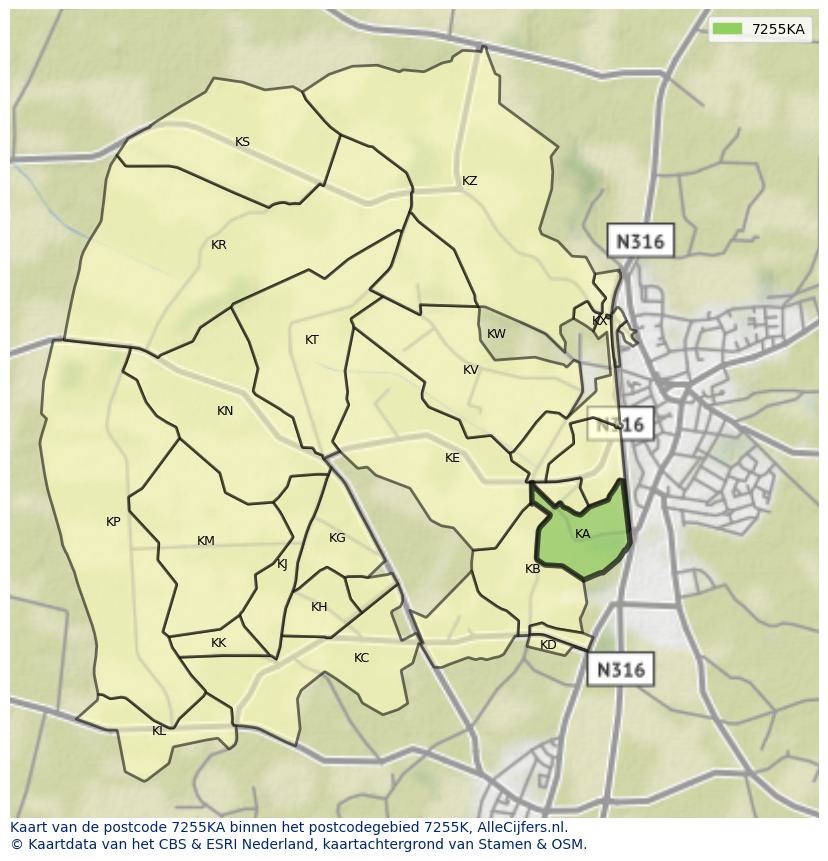 Afbeelding van het postcodegebied 7255 KA op de kaart.