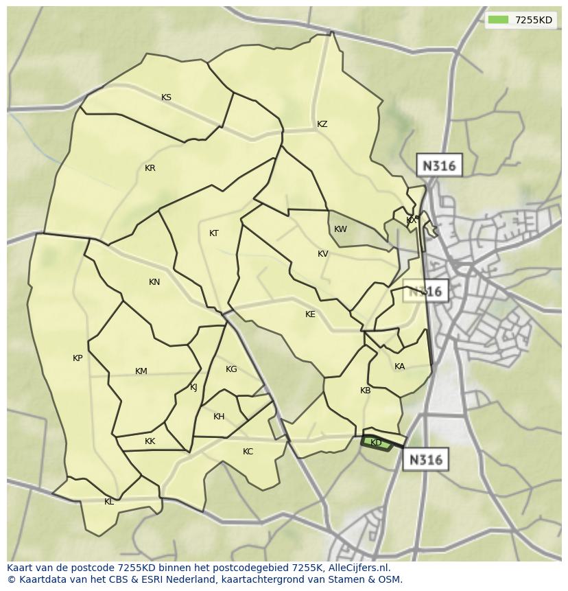 Afbeelding van het postcodegebied 7255 KD op de kaart.