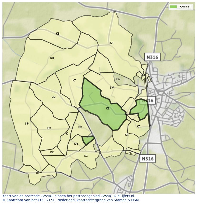 Afbeelding van het postcodegebied 7255 KE op de kaart.