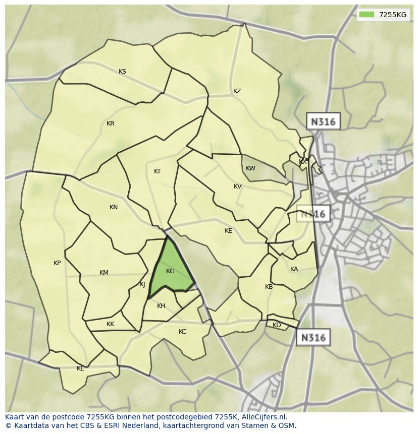 Afbeelding van het postcodegebied 7255 KG op de kaart.