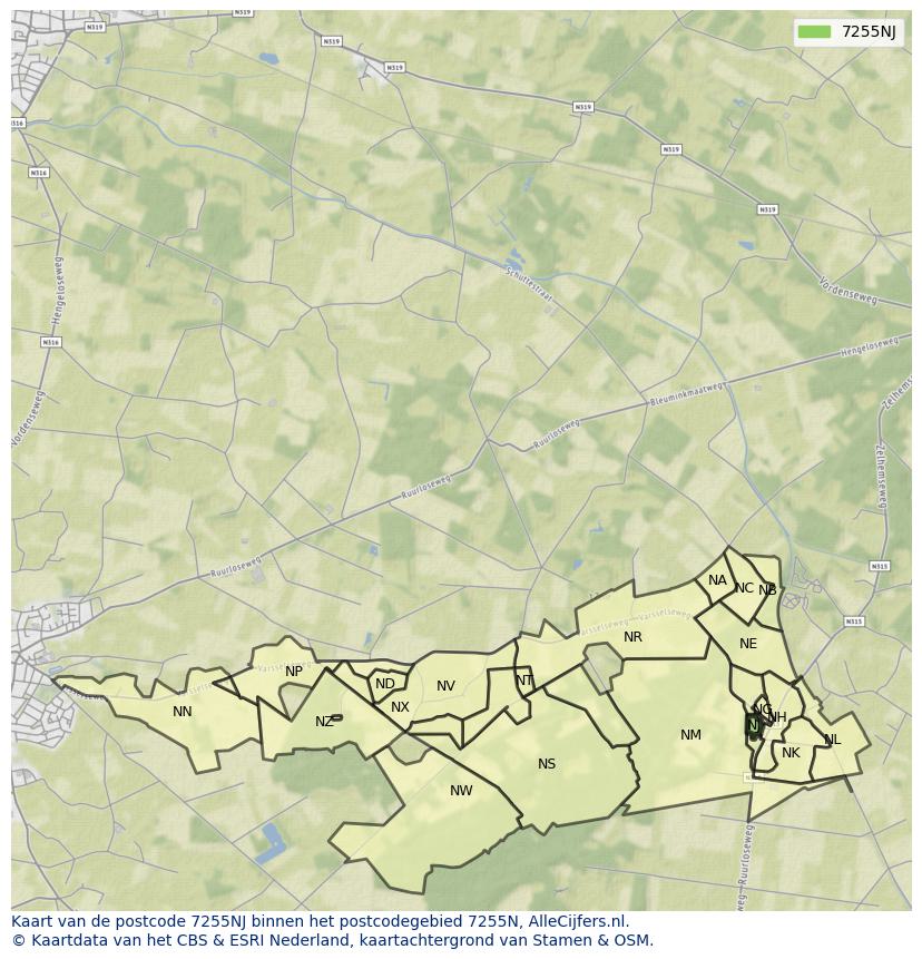 Afbeelding van het postcodegebied 7255 NJ op de kaart.