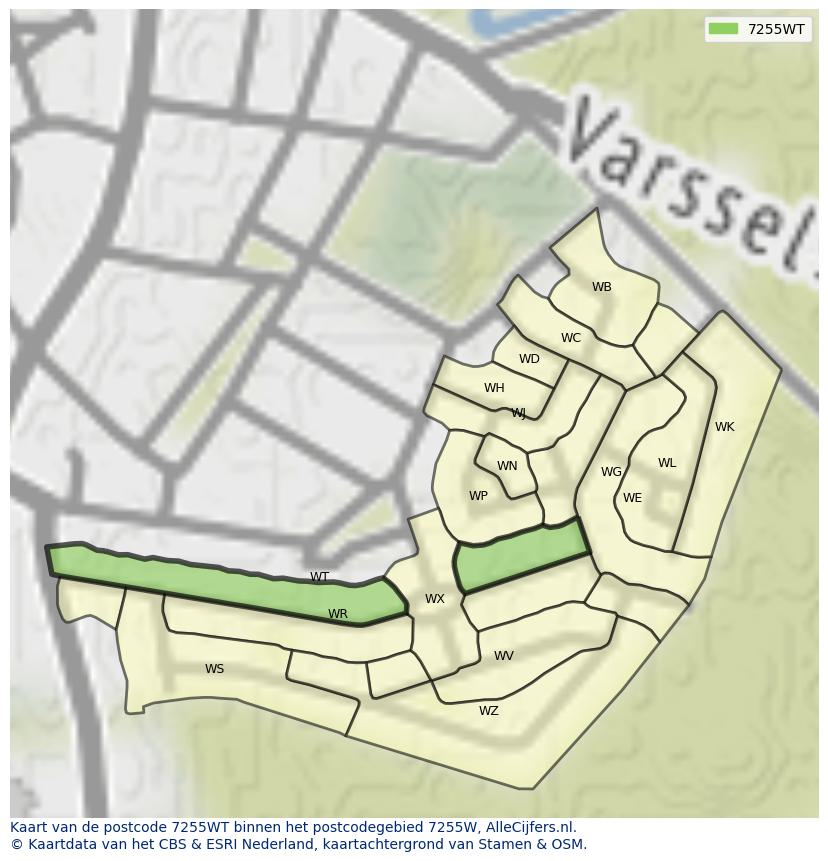 Afbeelding van het postcodegebied 7255 WT op de kaart.