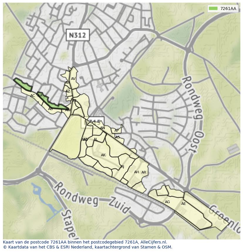 Afbeelding van het postcodegebied 7261 AA op de kaart.