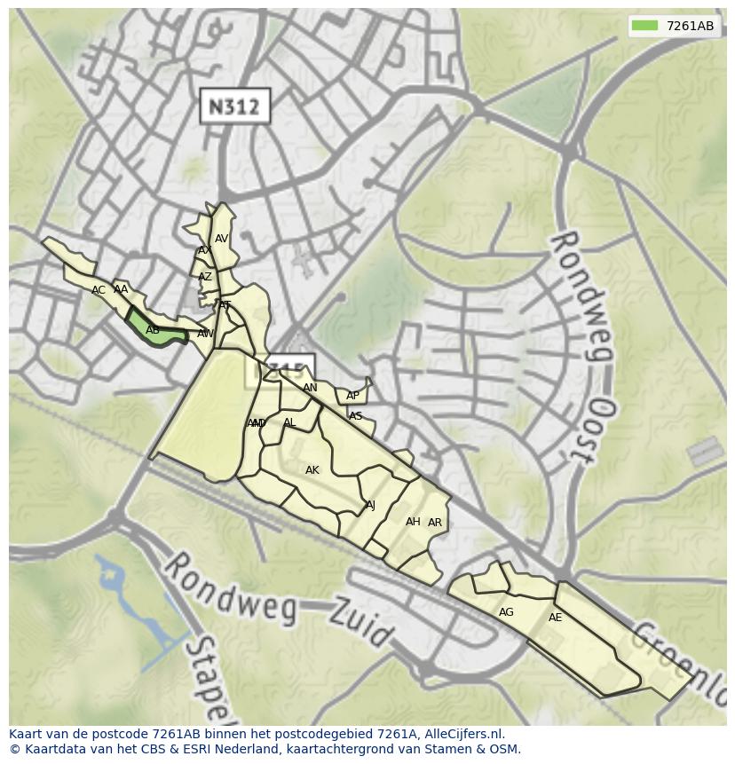Afbeelding van het postcodegebied 7261 AB op de kaart.