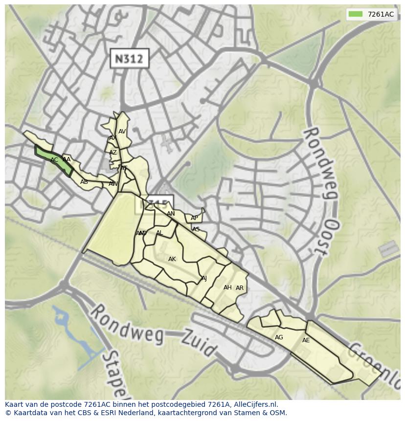 Afbeelding van het postcodegebied 7261 AC op de kaart.