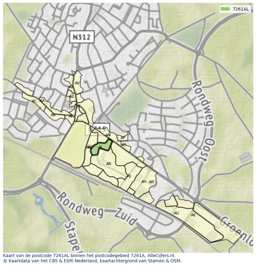 Afbeelding van het postcodegebied 7261 AL op de kaart.