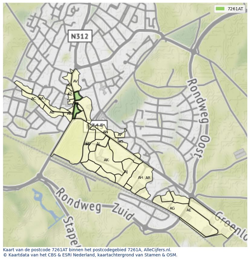 Afbeelding van het postcodegebied 7261 AT op de kaart.