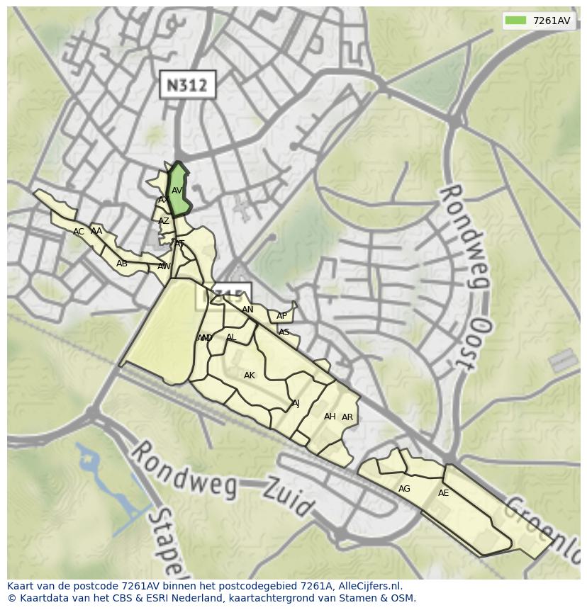 Afbeelding van het postcodegebied 7261 AV op de kaart.