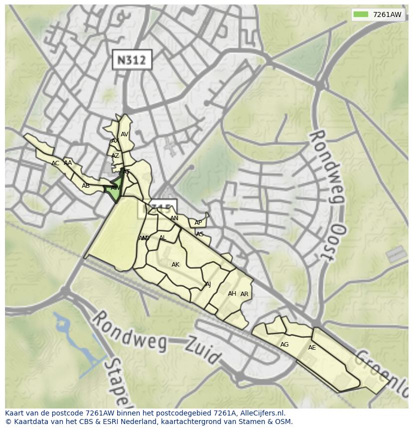 Afbeelding van het postcodegebied 7261 AW op de kaart.