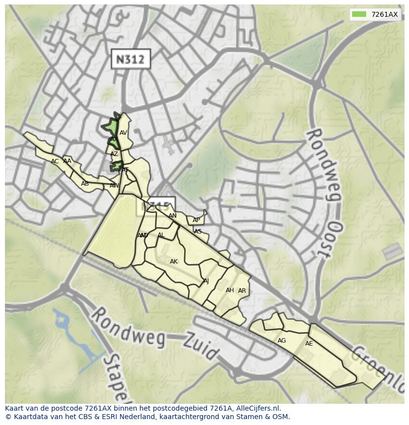Afbeelding van het postcodegebied 7261 AX op de kaart.