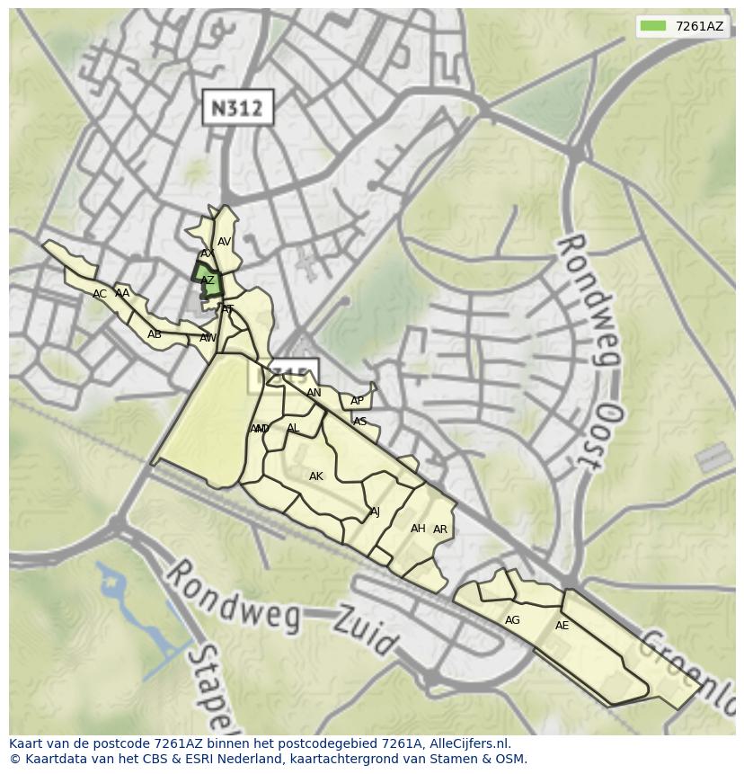 Afbeelding van het postcodegebied 7261 AZ op de kaart.