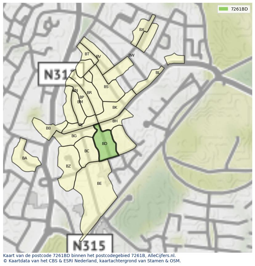 Afbeelding van het postcodegebied 7261 BD op de kaart.