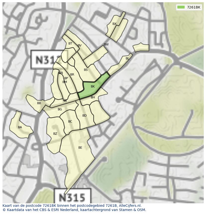 Afbeelding van het postcodegebied 7261 BK op de kaart.