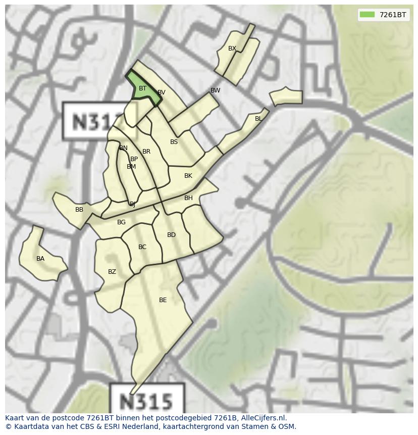 Afbeelding van het postcodegebied 7261 BT op de kaart.