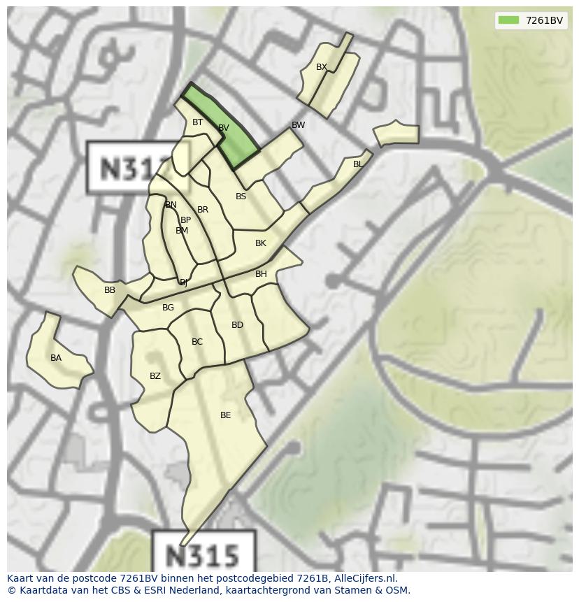 Afbeelding van het postcodegebied 7261 BV op de kaart.