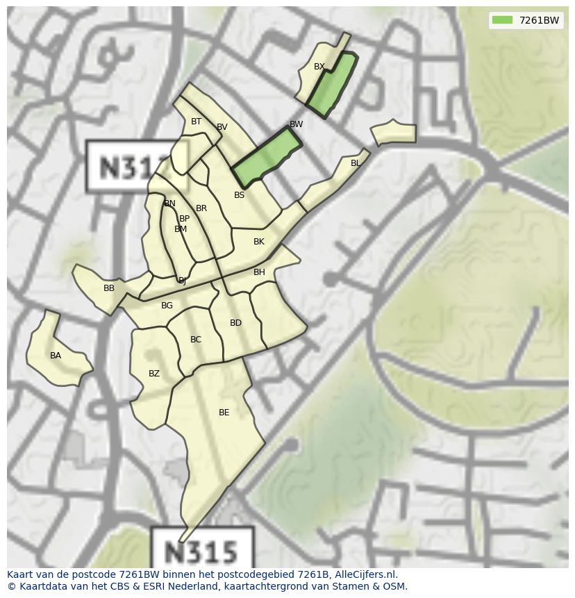 Afbeelding van het postcodegebied 7261 BW op de kaart.