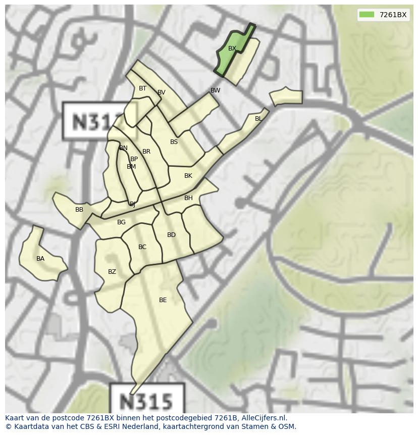 Afbeelding van het postcodegebied 7261 BX op de kaart.