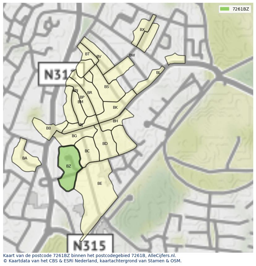 Afbeelding van het postcodegebied 7261 BZ op de kaart.