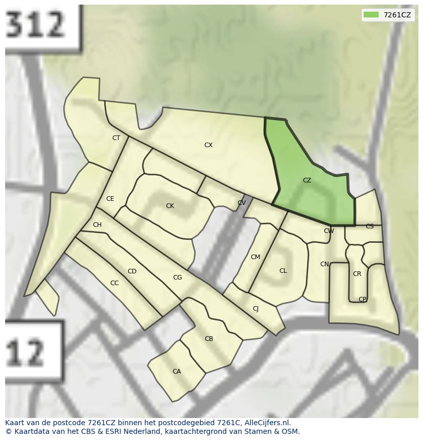 Afbeelding van het postcodegebied 7261 CZ op de kaart.