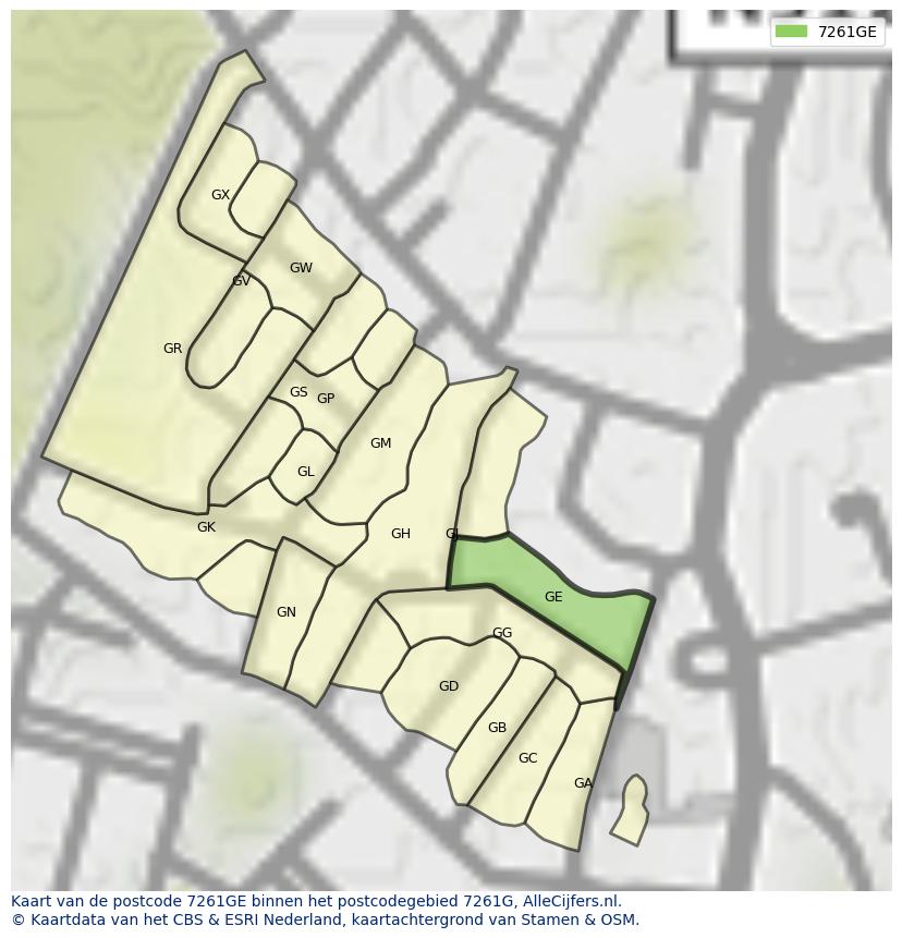 Afbeelding van het postcodegebied 7261 GE op de kaart.