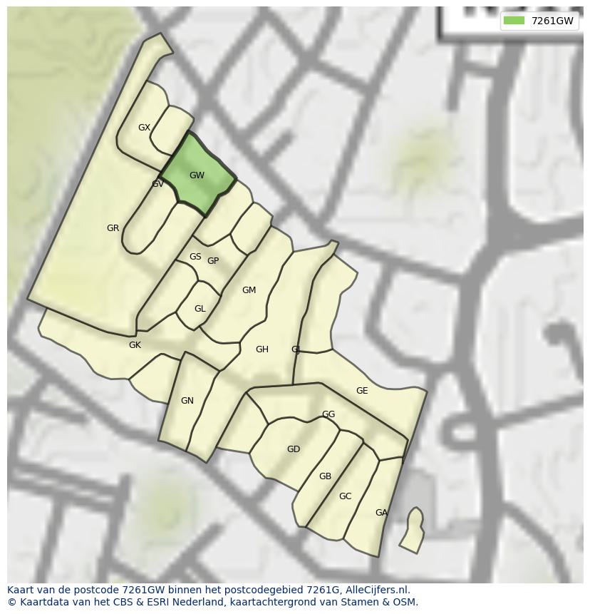 Afbeelding van het postcodegebied 7261 GW op de kaart.