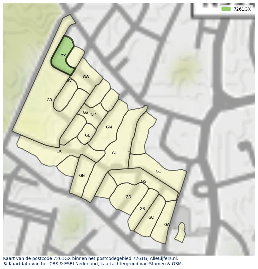 Afbeelding van het postcodegebied 7261 GX op de kaart.