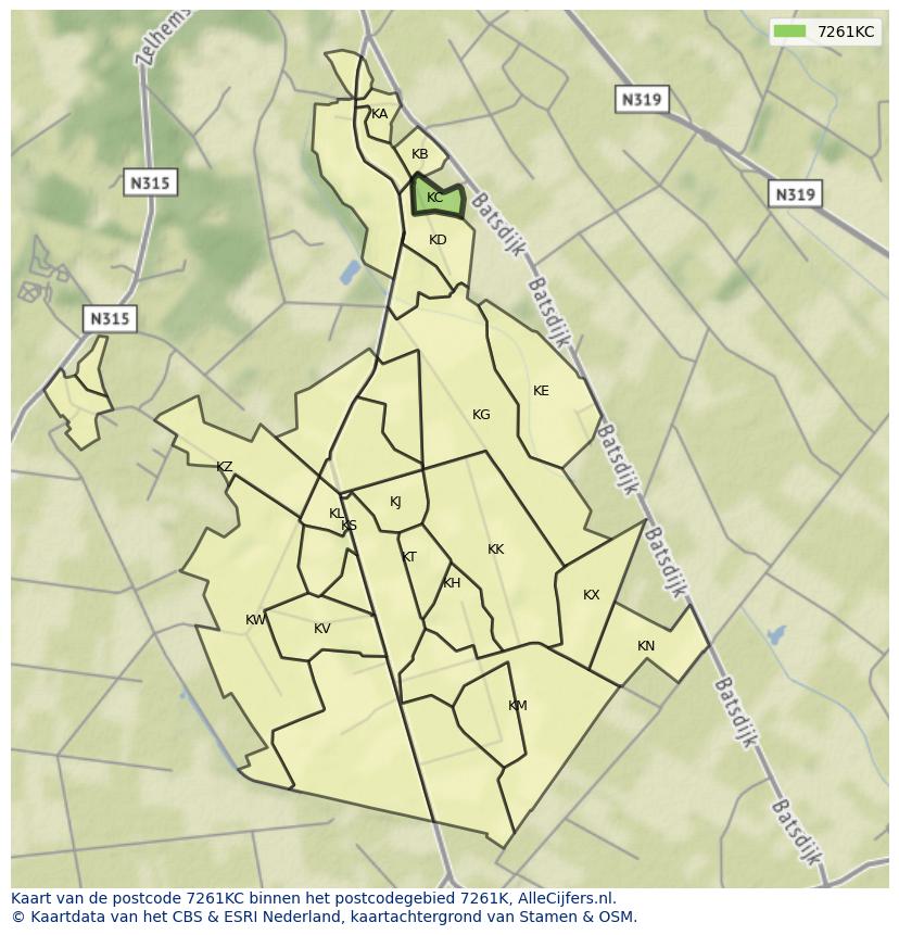 Afbeelding van het postcodegebied 7261 KC op de kaart.