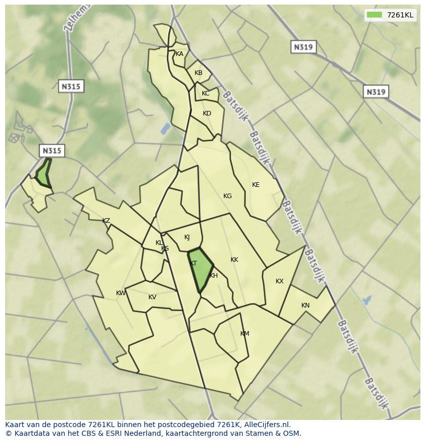 Afbeelding van het postcodegebied 7261 KL op de kaart.