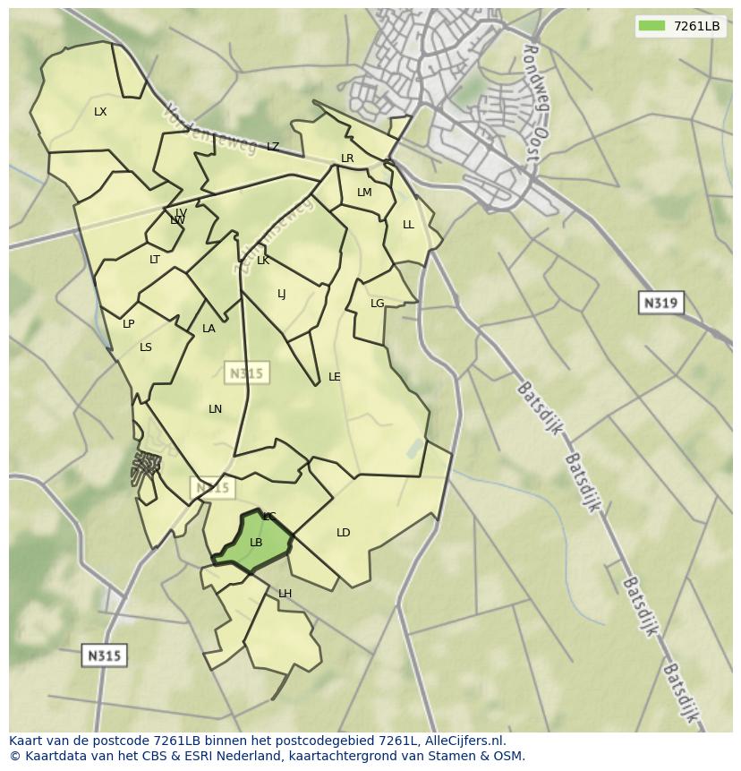 Afbeelding van het postcodegebied 7261 LB op de kaart.