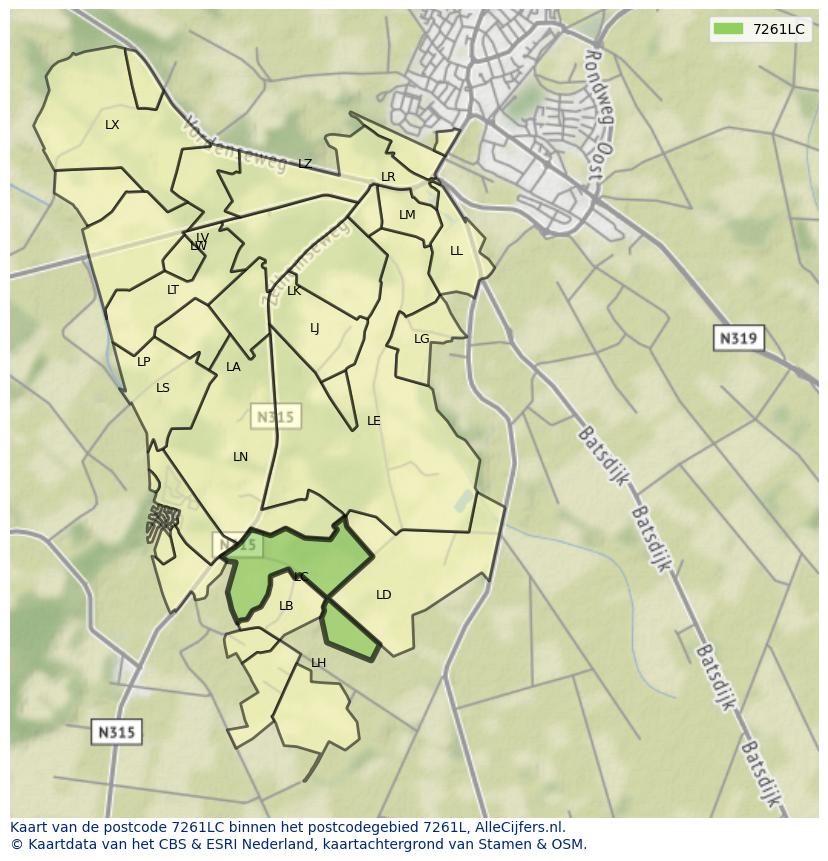 Afbeelding van het postcodegebied 7261 LC op de kaart.