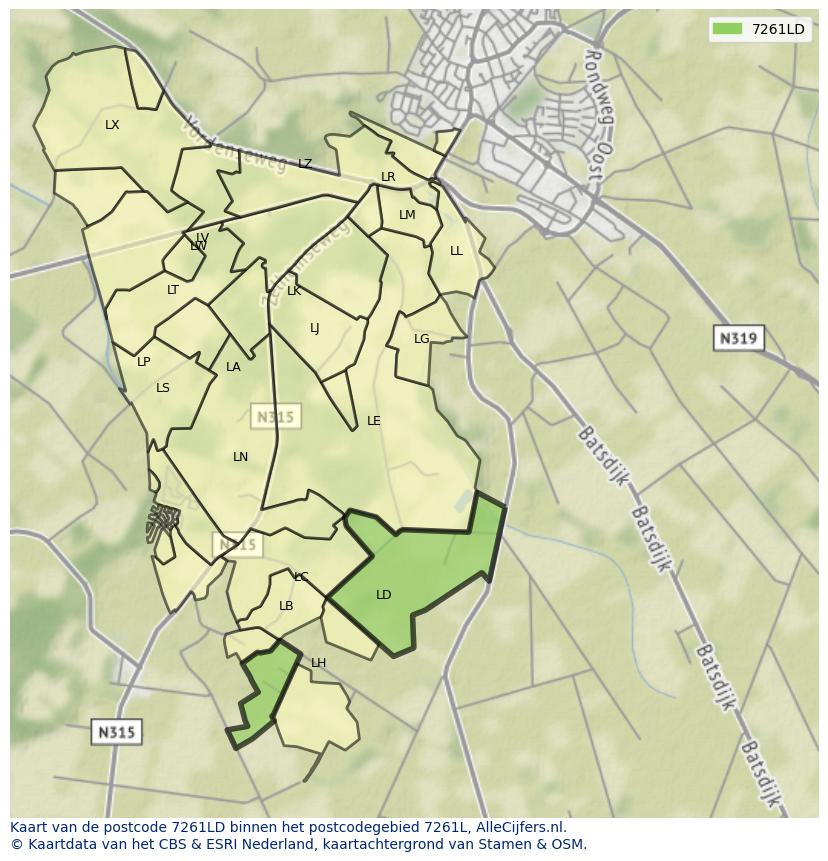 Afbeelding van het postcodegebied 7261 LD op de kaart.