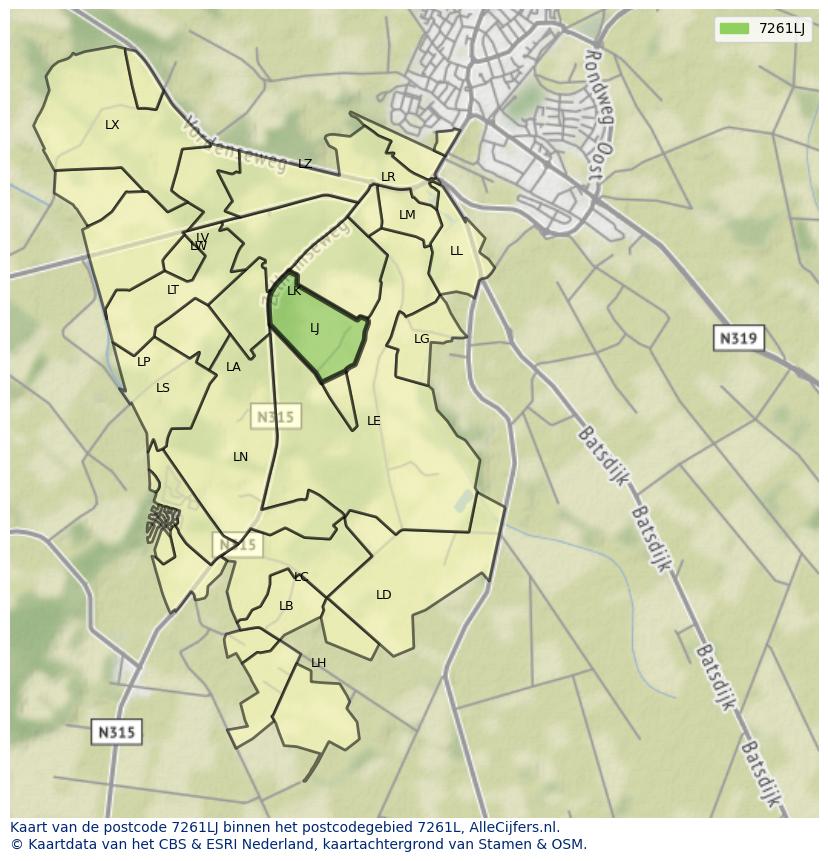 Afbeelding van het postcodegebied 7261 LJ op de kaart.