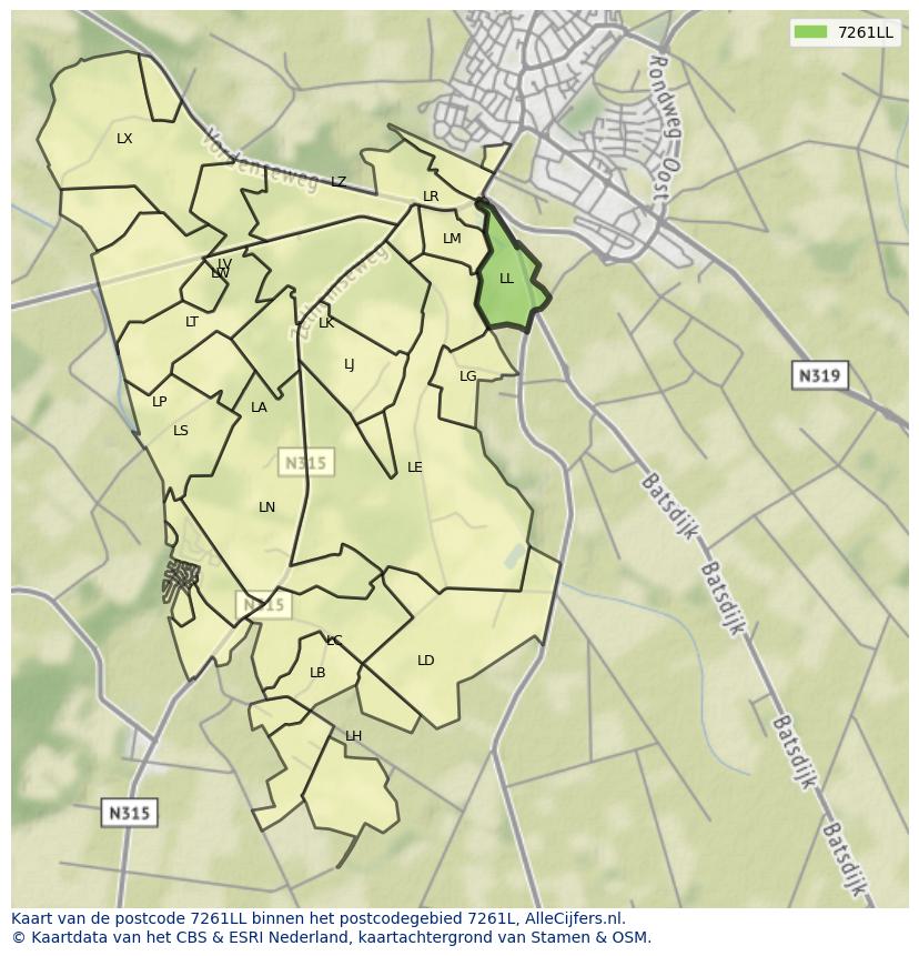 Afbeelding van het postcodegebied 7261 LL op de kaart.