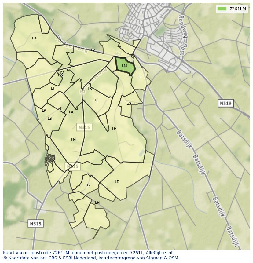 Afbeelding van het postcodegebied 7261 LM op de kaart.