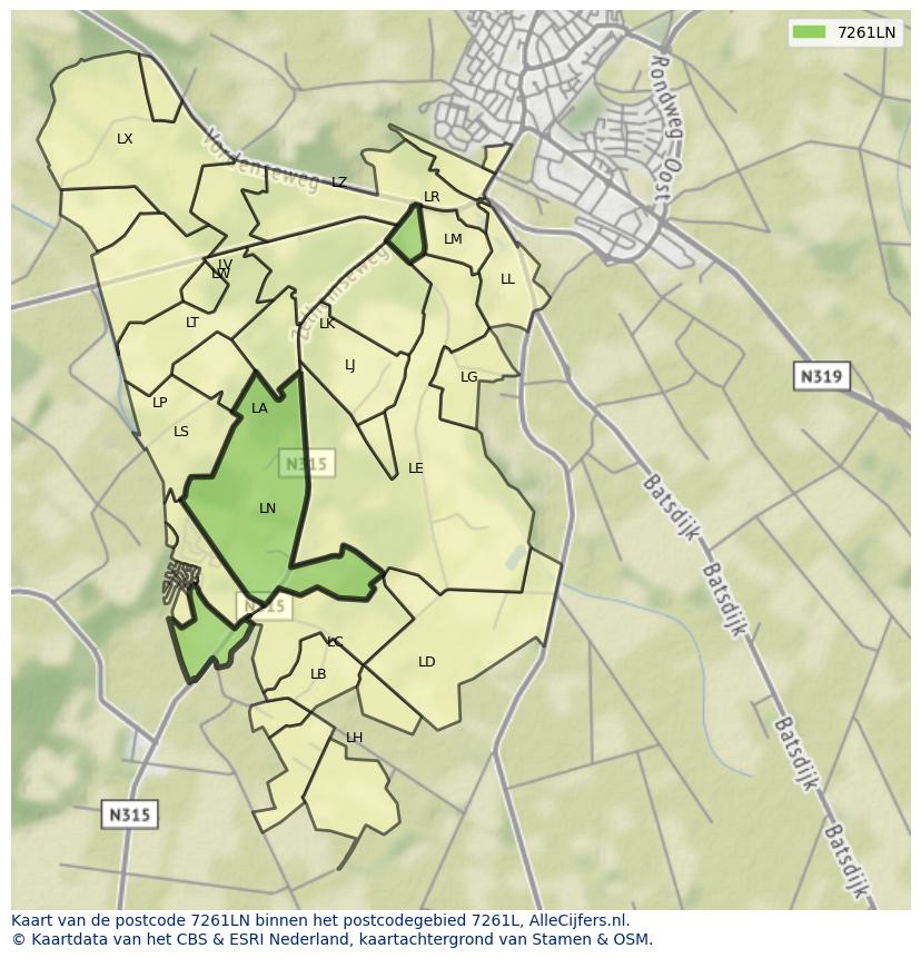 Afbeelding van het postcodegebied 7261 LN op de kaart.