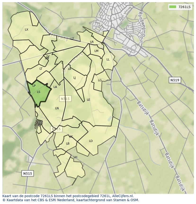 Afbeelding van het postcodegebied 7261 LS op de kaart.