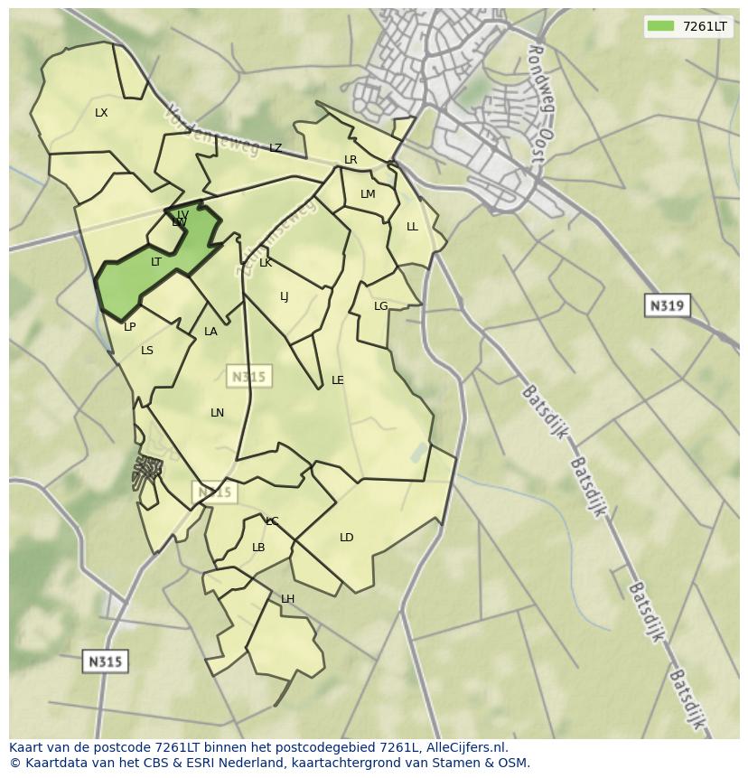 Afbeelding van het postcodegebied 7261 LT op de kaart.