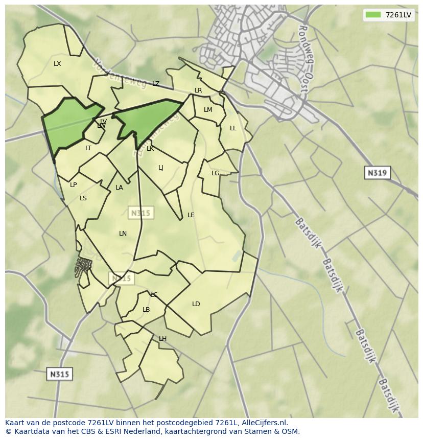 Afbeelding van het postcodegebied 7261 LV op de kaart.