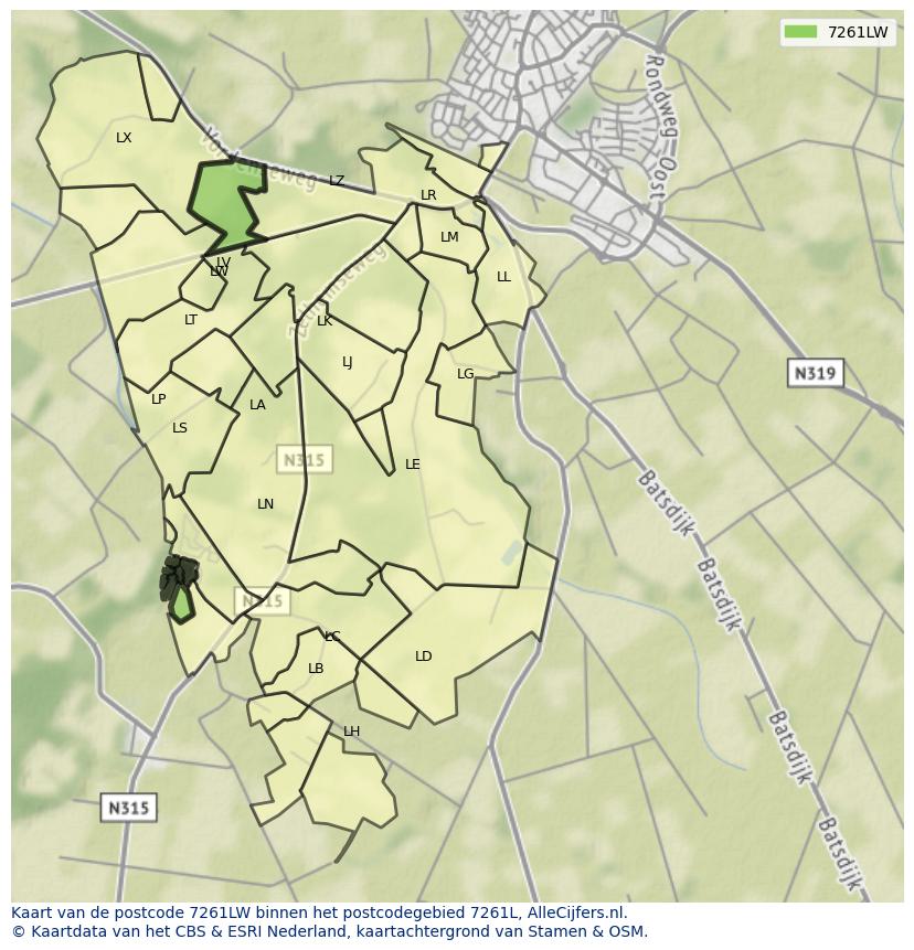 Afbeelding van het postcodegebied 7261 LW op de kaart.