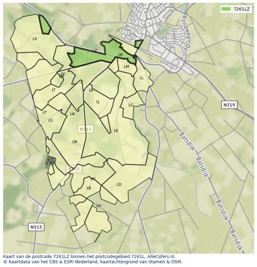 Afbeelding van het postcodegebied 7261 LZ op de kaart.