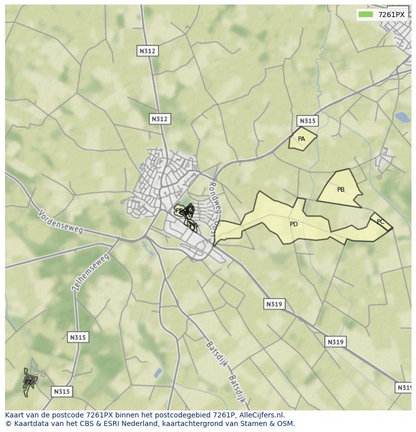 Afbeelding van het postcodegebied 7261 PX op de kaart.