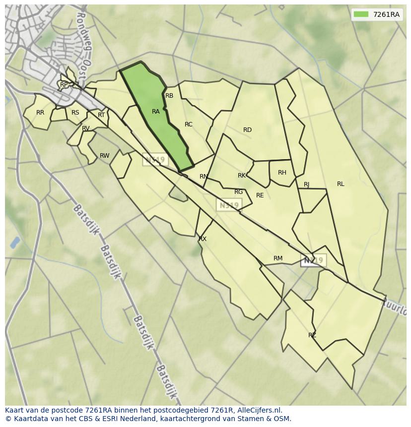 Afbeelding van het postcodegebied 7261 RA op de kaart.