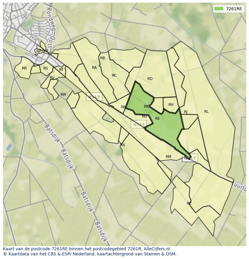 Afbeelding van het postcodegebied 7261 RE op de kaart.